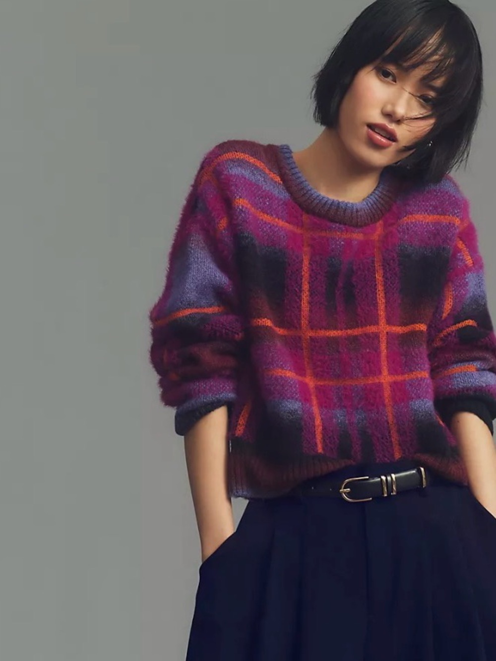 Anthropologie Purple & Pink Plaid Fuzzy Crewneck Sweater